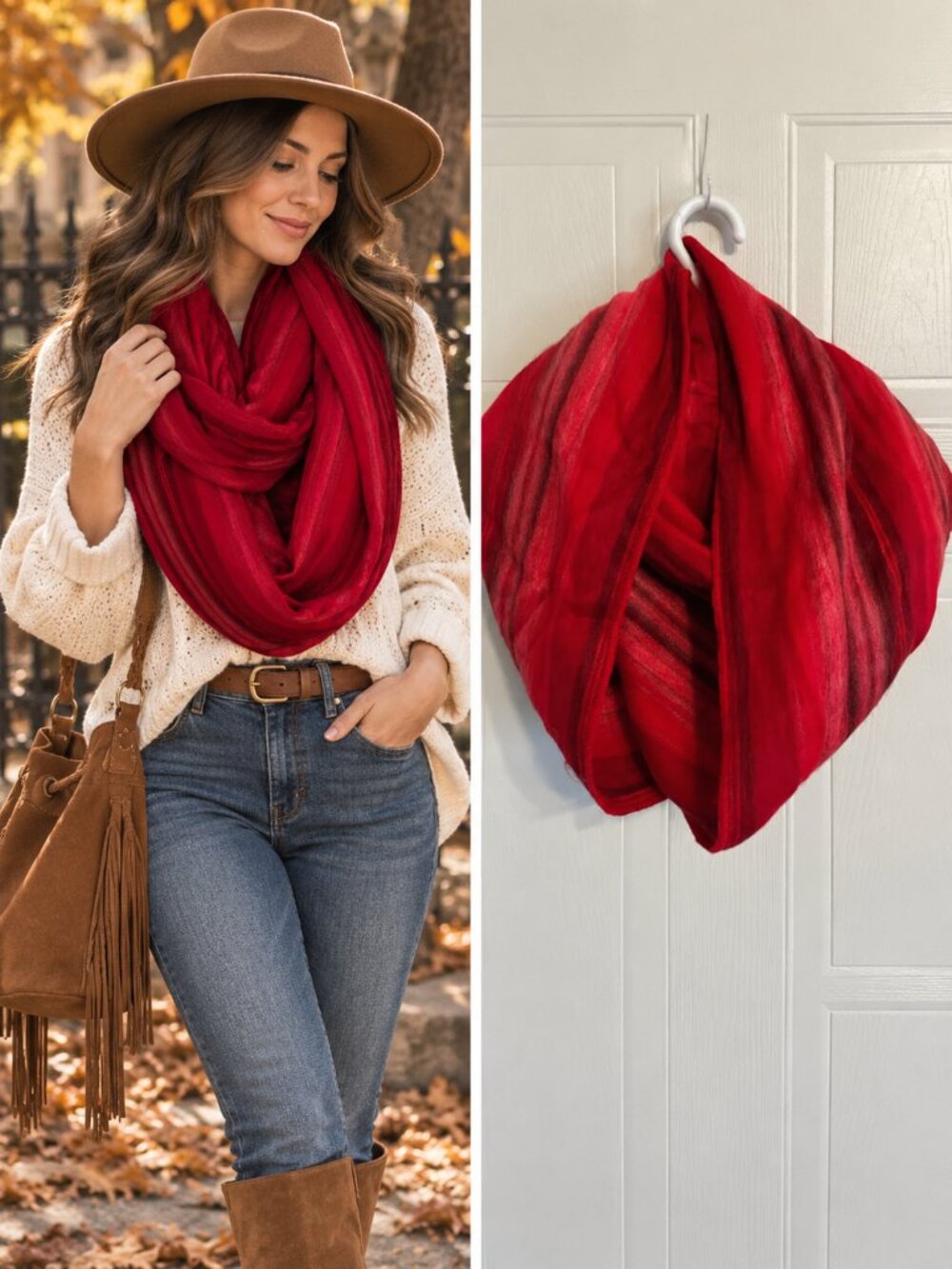 Pokoloko Cherry Red Tonal Stripe Infinity Scarf Oversized Boho Cozy Chic